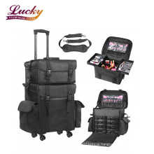 2 in 1 Soft Sided Professional Rolling Trolley Makeup Artist Cosmetic Bag With Removable Wheels Black Nylon